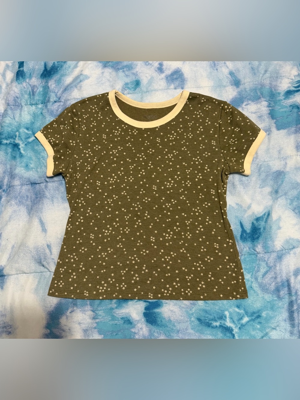 Arizona Jean Company Olive Green Star Print Ringer Tee with Cream Trim